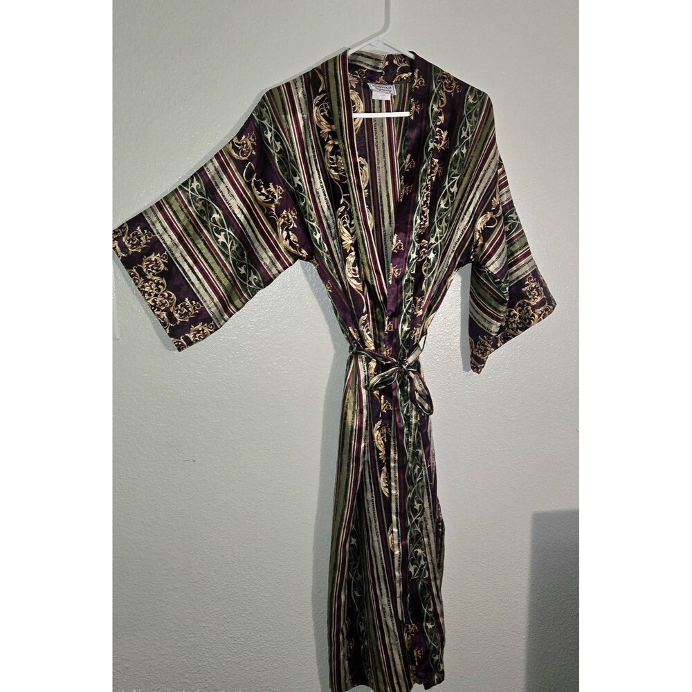 Vintage Satin California Dynasty Long Kimono Robe Purple Gold Silky Sz Med.  USA
